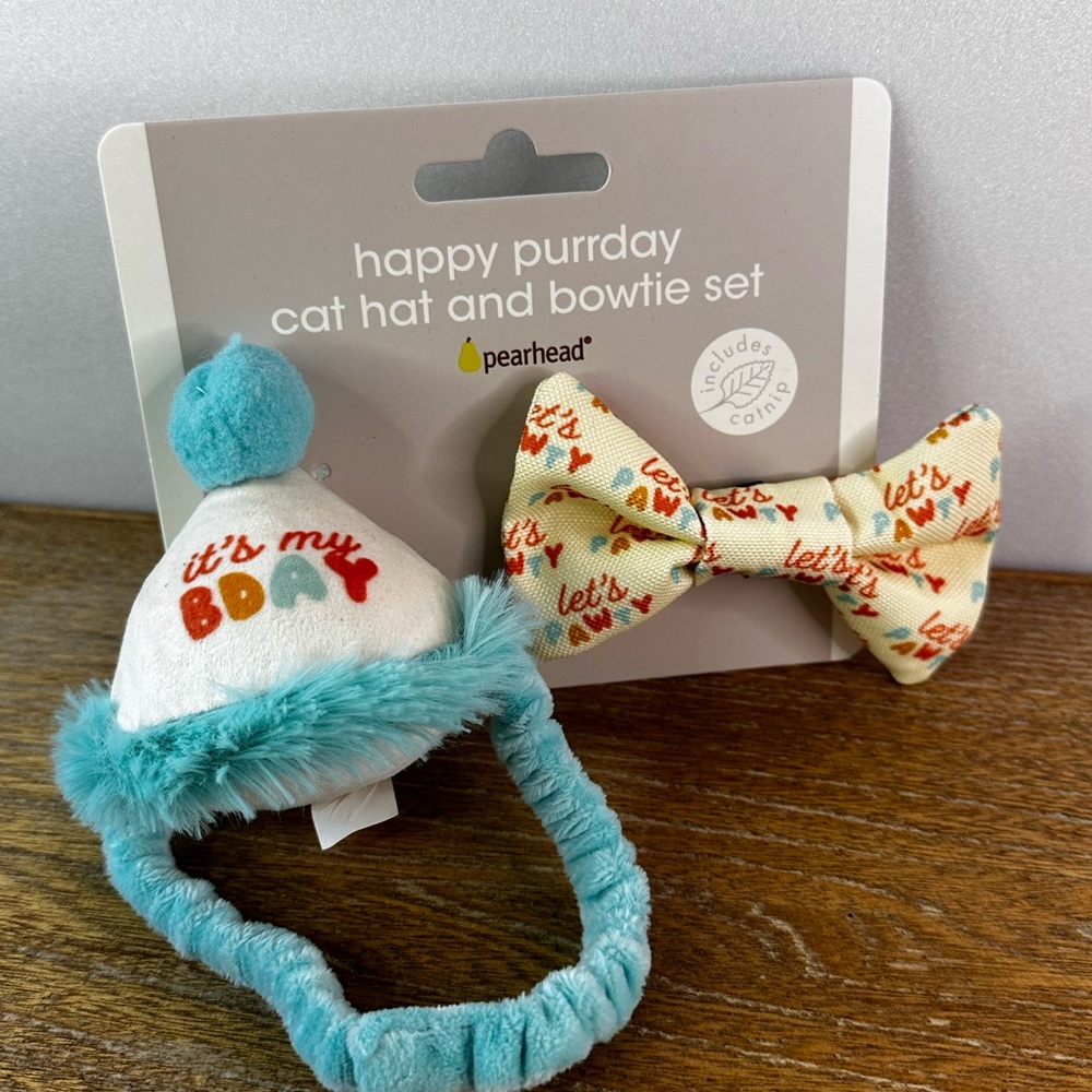 Happy Birthday Cat Hat and Bowtie Set with Catnip Present toy. - Picture 2 of 4